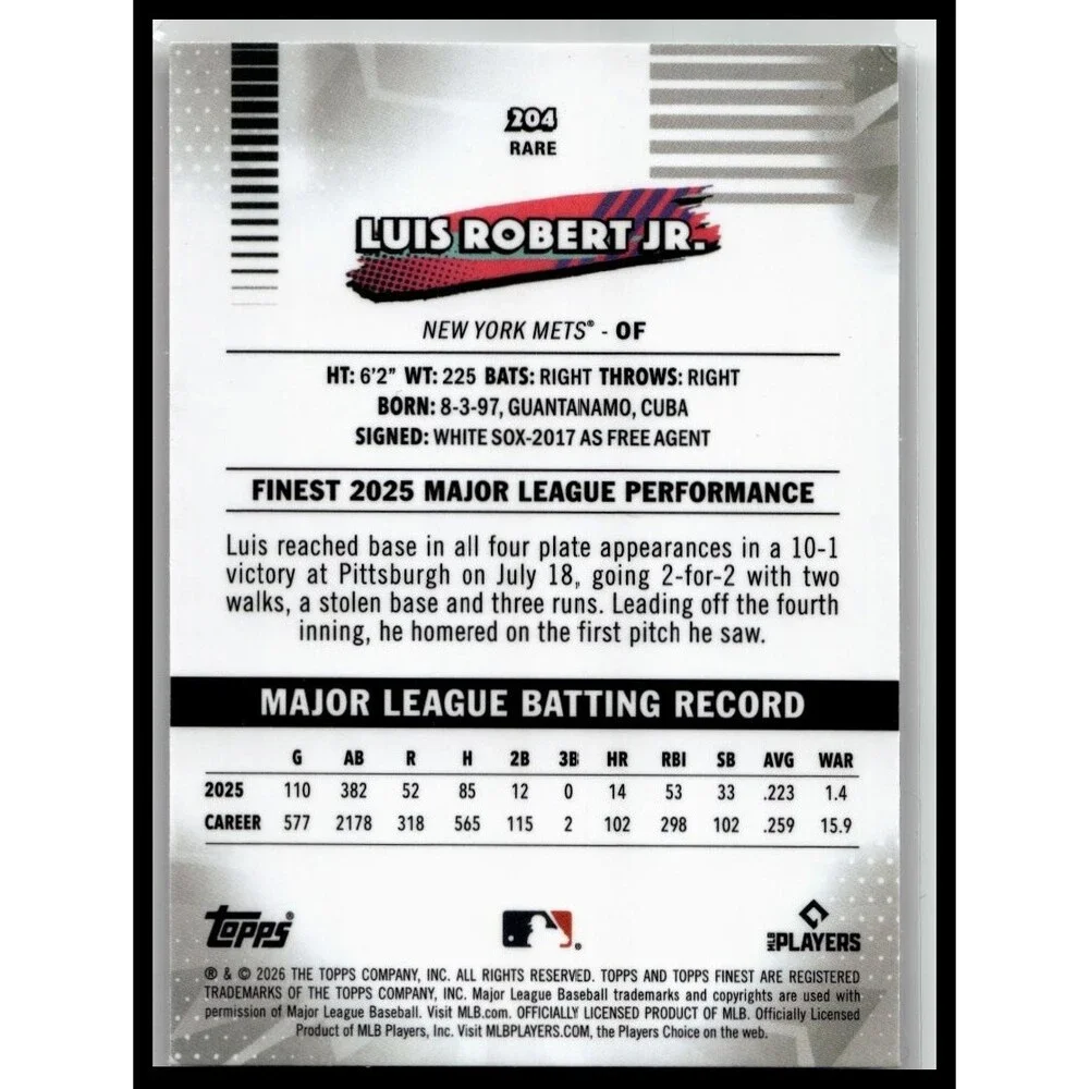 2026 Topps Finest Luis Robert Jr. #204 Mets Rare